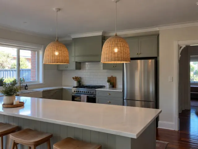 Kitchen with two woven pendant lights above a white island, sage cabinets and stainless fridge in West Wallsend